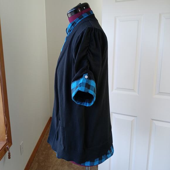 GNW Indigo Teal Layered Look Cardigan Blouse L plaid pintuck tunic roll sleeve - Picture 2 of 16